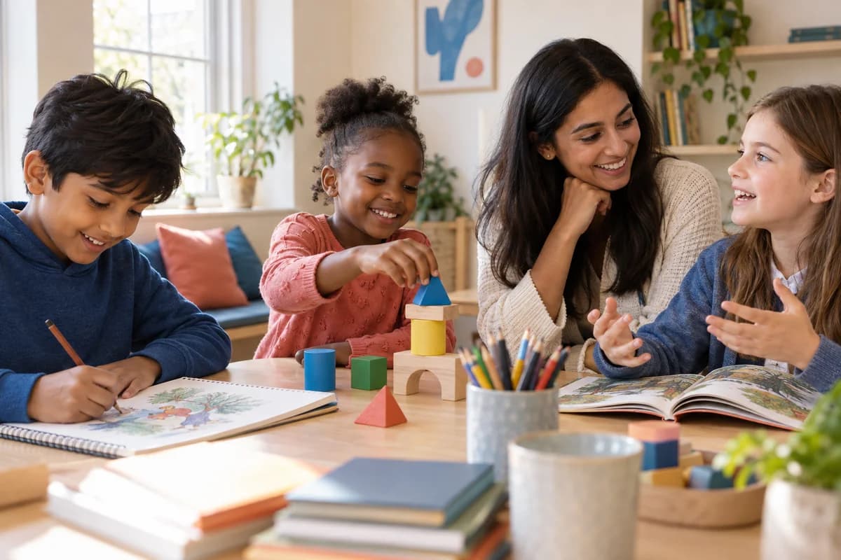 Children exploring books, shapes and creative ideas together with a tutor