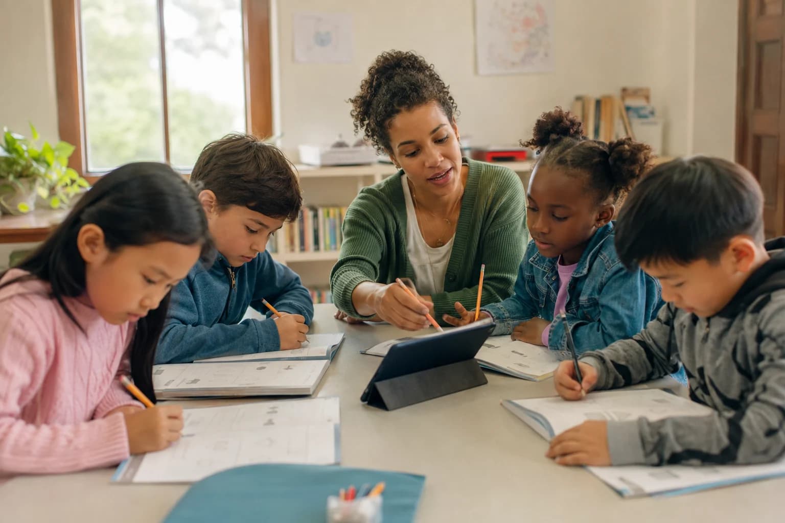 A teacher working with a small group of learners
