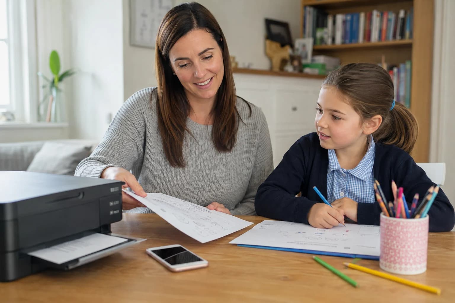 A parent and child preparing to learn together at their kitchen table