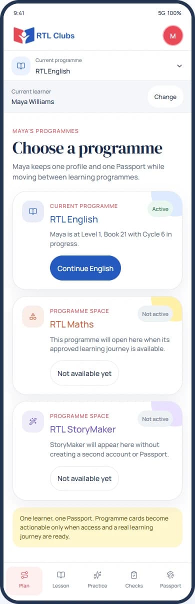Choose a programme: app preview with example data