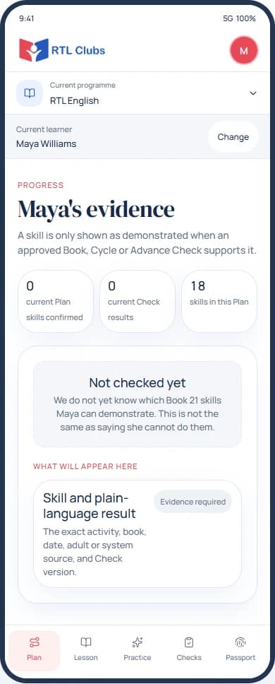Follow learning progress: app preview with example data