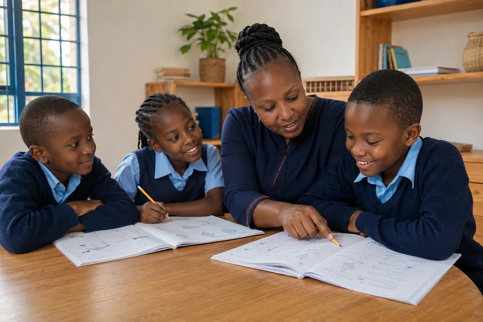 Children exploring learning activities with their teacher