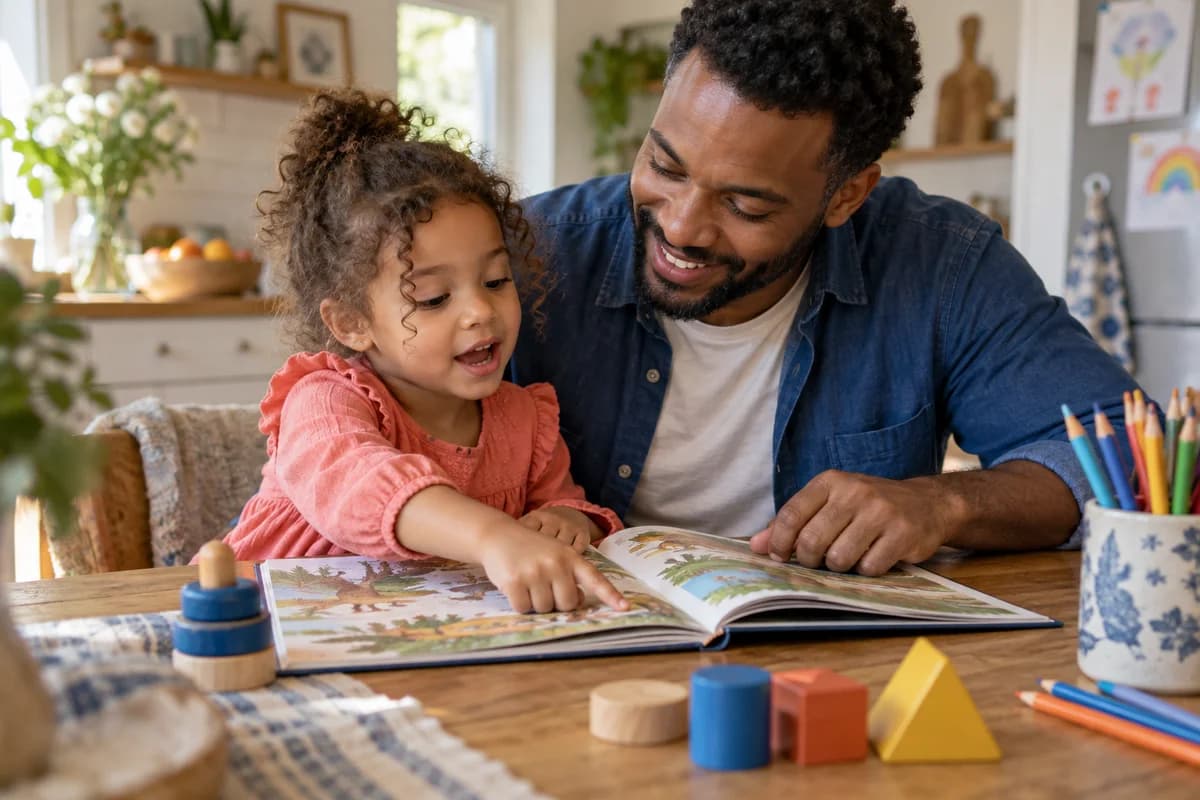 A young child and her father exploring a picture book with counting shapes nearby