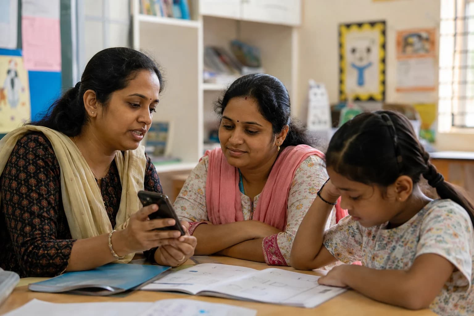 A teacher talking with a parent about learning