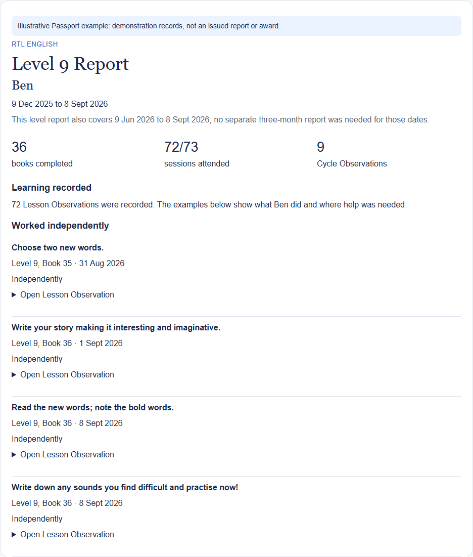 Ben's Level 9 report, using demonstration learning records