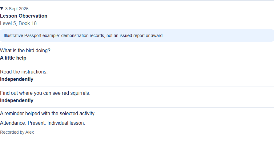 An opened Lesson Observation, using demonstration learning records