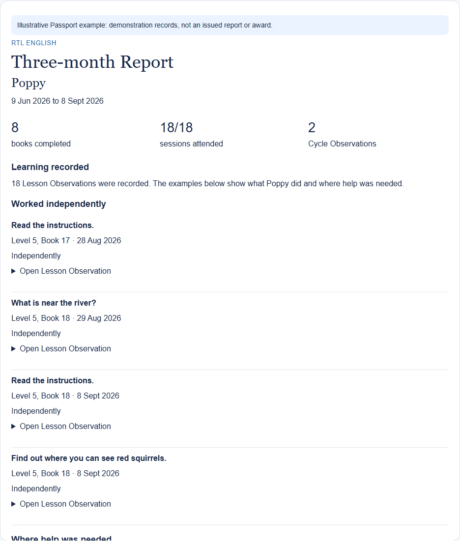Poppy's three-month report, using demonstration learning records
